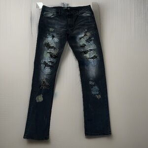 Crazy Color Stitch Designs On Distressed Black Stacked Jeans W/ Comfort Stretch